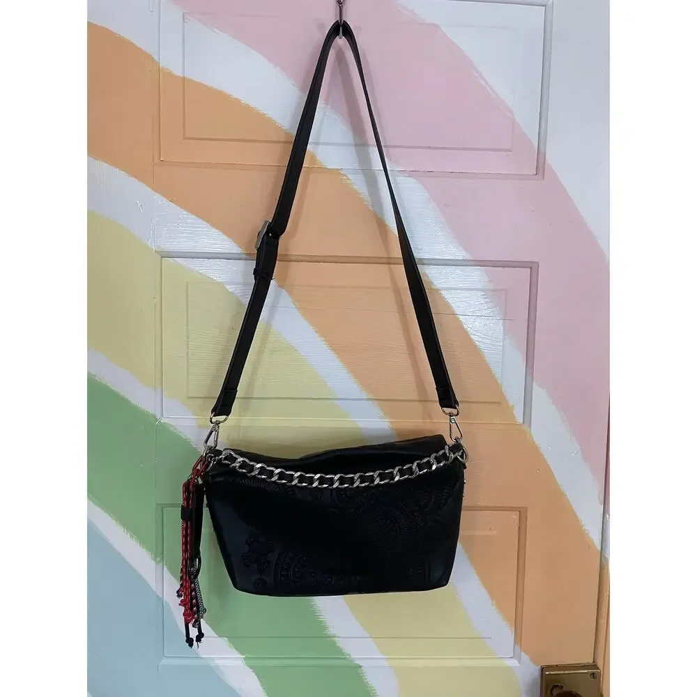 Desigual Black Embossed Mandala Chain Crossbody Shoulder Bag Tassel Boho